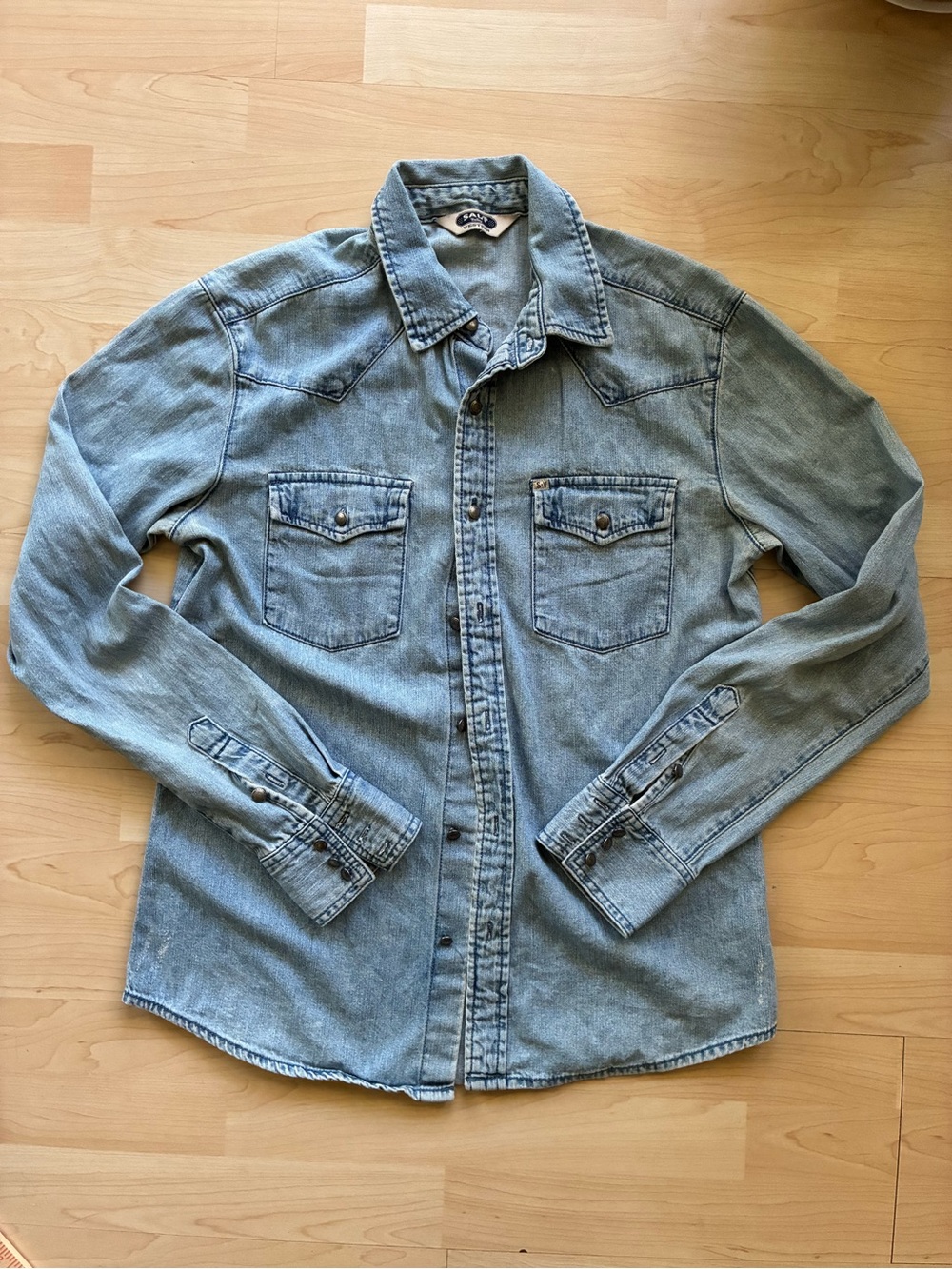Salt Valley Western Blue Cotton Denim Point Collar Long Sleeve Button-Up Shirt M